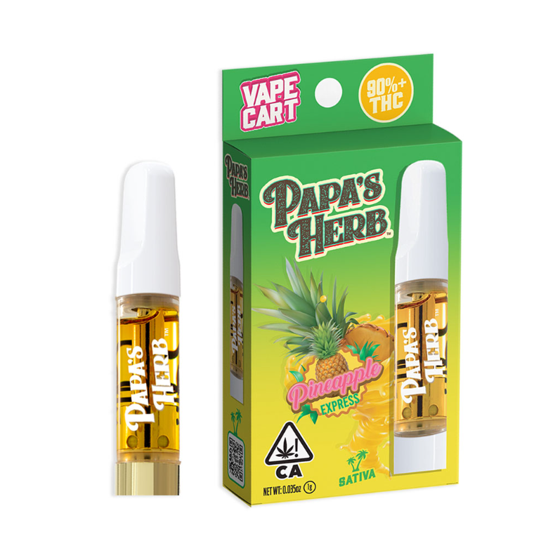 Papa's Herb Pineapple Express vape cartridge beside its Papa's Herb retail packaging