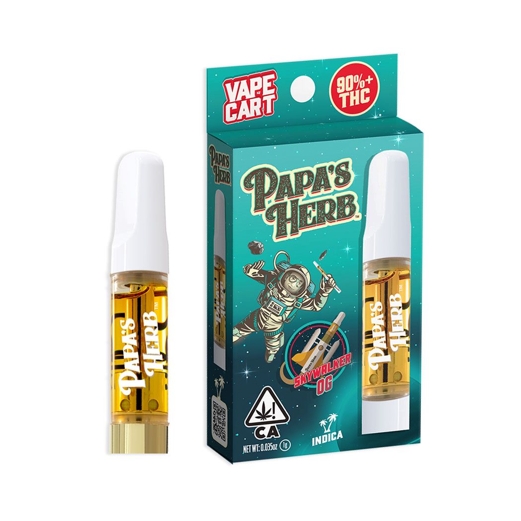 Papa's Herb Skywalker OG vape cartridge beside its Papa's Herb retail packaging