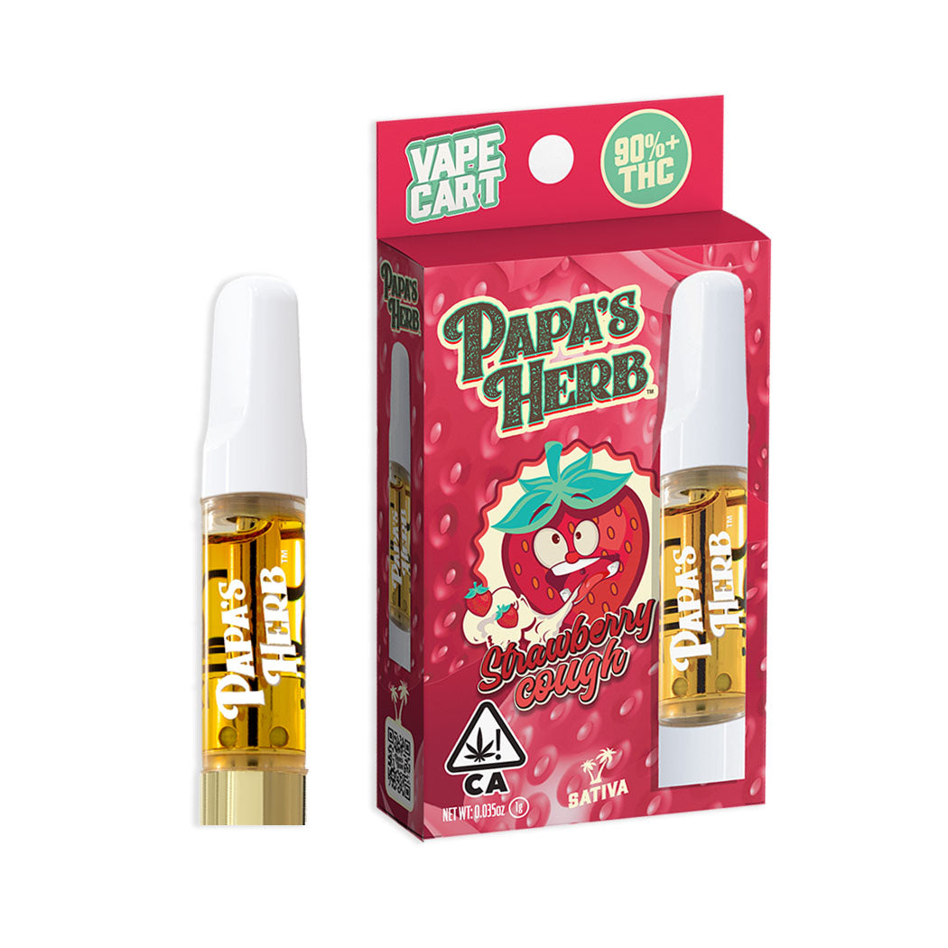 Papa's Herb Strawberry Cough vape cartridge beside its Papa's Herb retail packaging