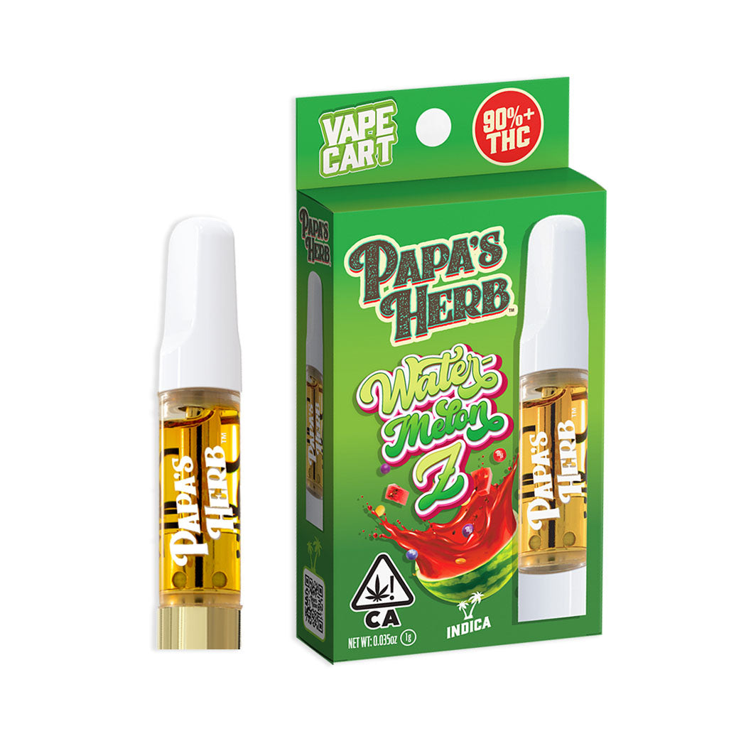 Papa's Herb Watermelon Z vape cartridge beside its Papa's Herb retail packaging