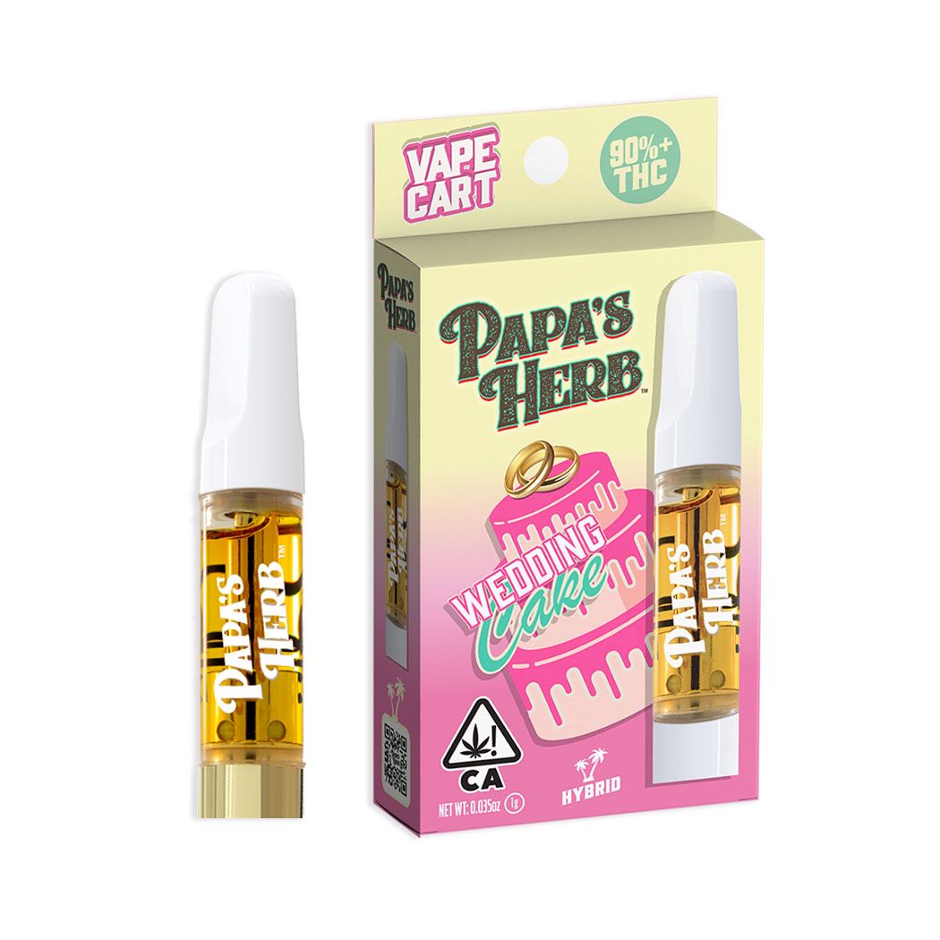 Papa's Herb Wedding Cake vape cartridge beside its Papa's Herb retail packaging