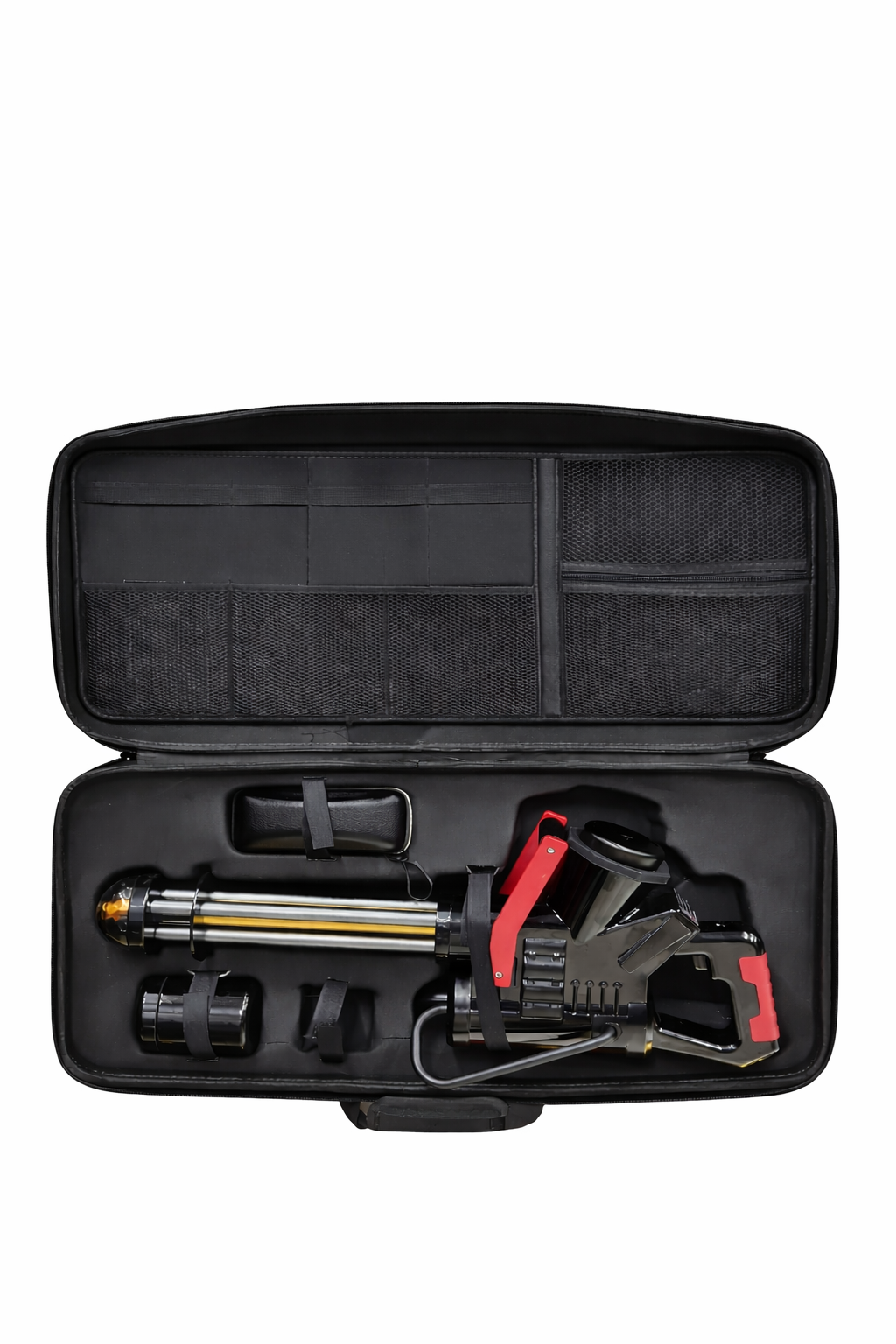 Smoke hookah gun and accessories packed inside an open black carrying case, showing the pistol-grip device with gold chamber and red handle, extra nozzle attachments, and mesh storage pockets.