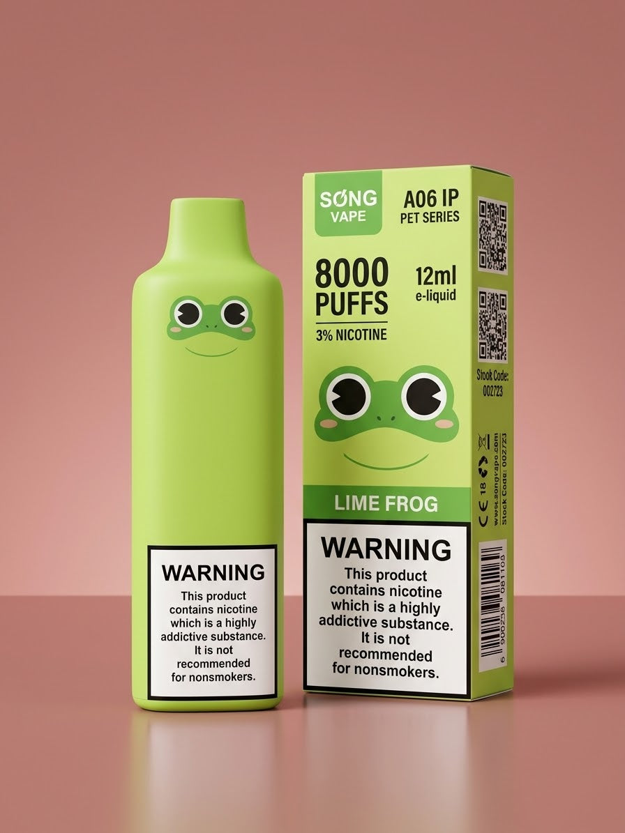Green SØNG VAPE A06 IP Pet Series Lime Frog disposable vape with a frog face, beside its green retail carton with nicotine warning labels
