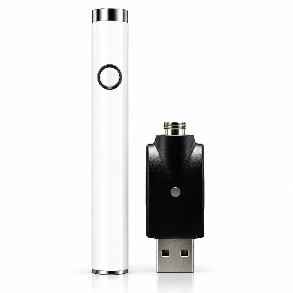 White pen-style vape battery with a round button beside a black USB charger with a USB-A plug