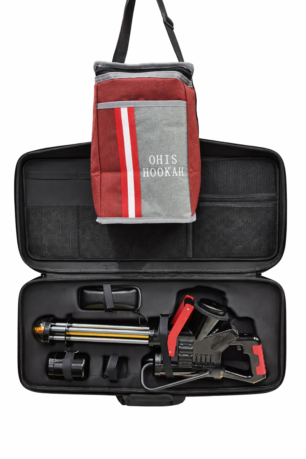 Open black carrying case for the smoke hookah gun with a red and grey drawstring pouch resting on top, and the device with gold chamber, red handle, and nozzle attachments visible inside the case.