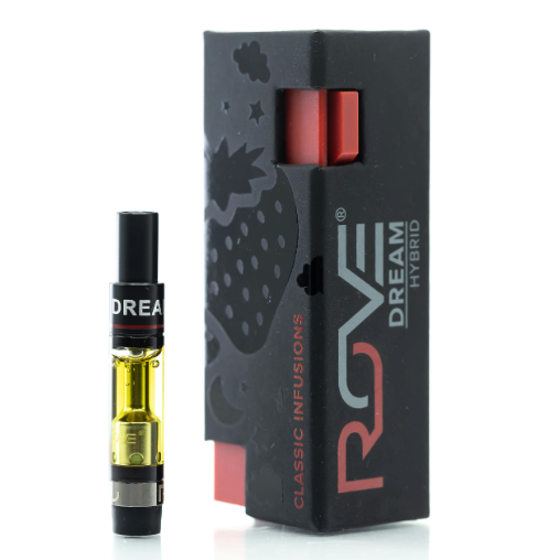 Rove Dream vape cartridge beside its Rove retail packaging